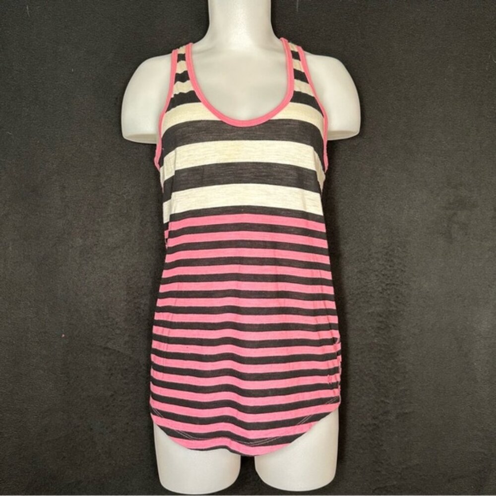 Women's S Pink White and Black Striped Sleeveless Racerback Tank Top - PINK